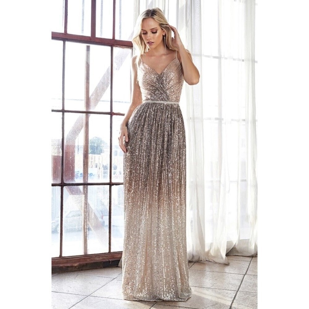 Sequin V-Neck Spaghetti Strap Prom Dress in Champagne